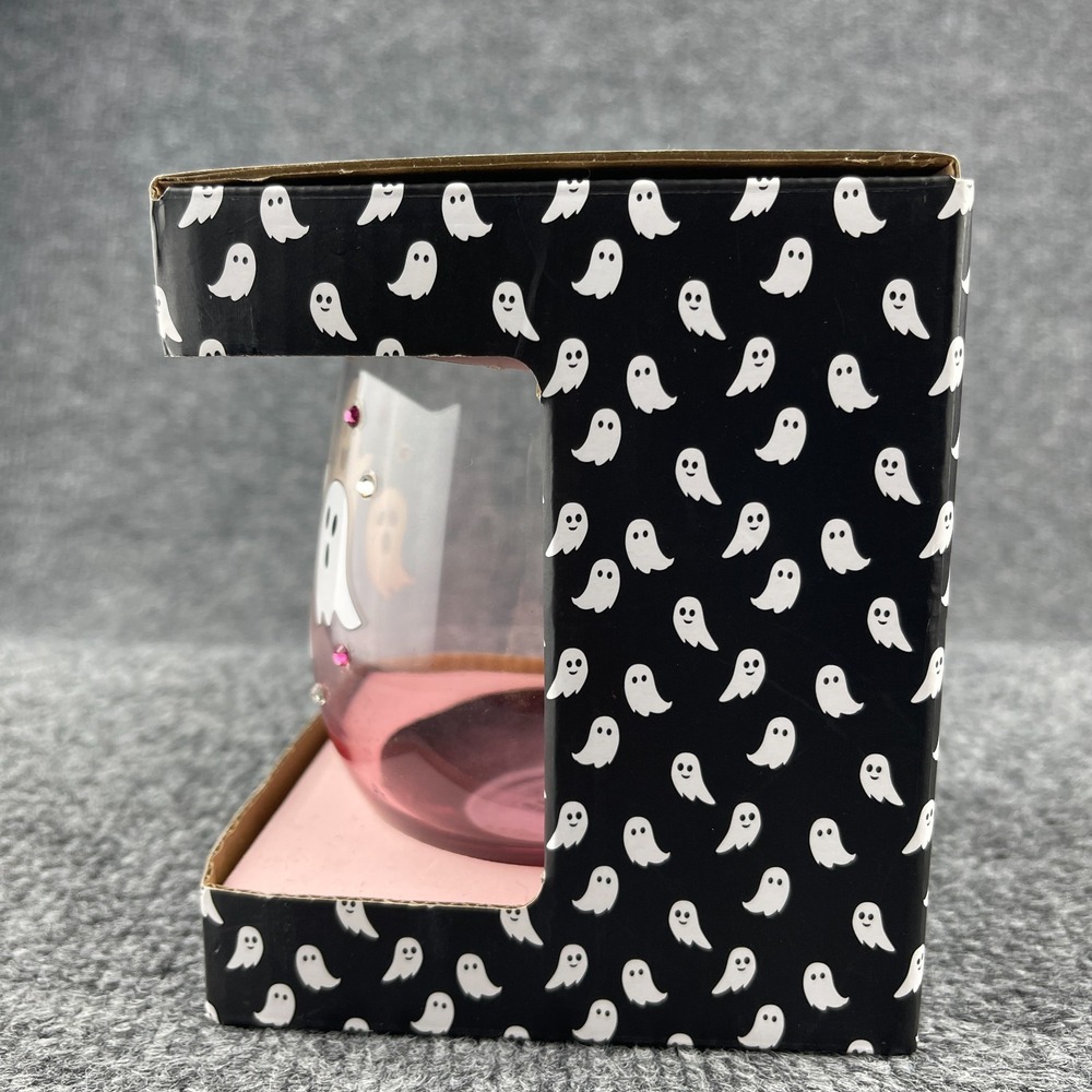 Cobwebs & Cauldrons Halloween Pink Ghost Rhinestone Stemless Wine Glass NEW - Picture 3 of 14